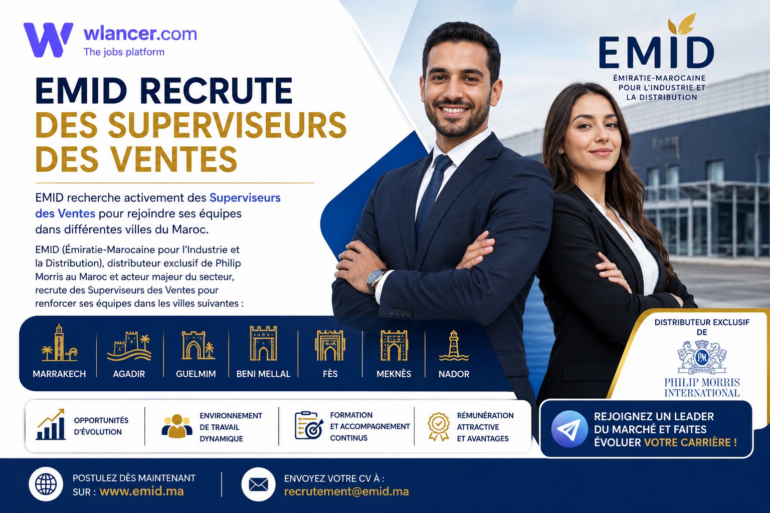 EMID recherche activement des Superviseurs des Ventes pour rejoindre ses équipes dans différentes villes du Maroc.